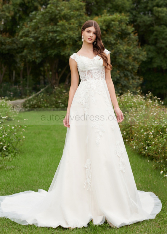 Ivory Lace Tulle V Back Affordable Wedding Dress